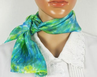 Blue and Green Silk Scarf, 8 x 34, Short Silk Scarf, Small Ladies Neck Tie, Silk Ties, Womens Scarves, One of a Kind, Unique, Gift Ideas