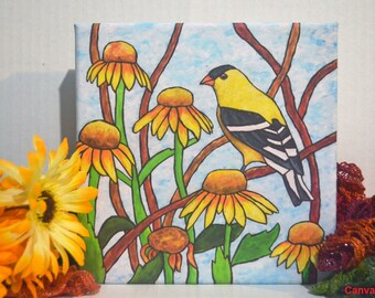 Goldfinch Acrylic Painting, Stained Glass Art, Yellow Flowers, Hand Painted, Wood Art, Canvas Print, Home Decor, Garden Birds, Gifts