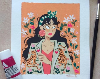 Original illustration - The girl with the tigers (gouache)