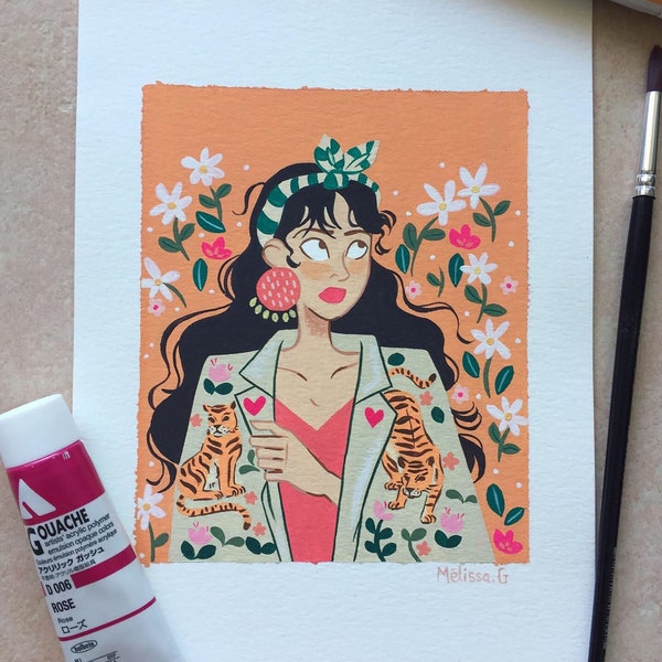 Original illustration - The girl with the tigers (gouache)