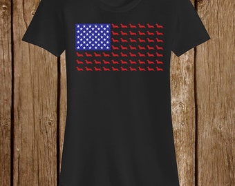 Ladies Dachshund Stars and Stripes American Flag Fourth of July Patriotic T-shirt Design