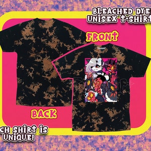 May include: Black bleached and dyed t-shirt with a graphic print of a cartoon character. The front of the shirt says "Front" and the back says "Back". The text "Bleached Dyed Unisex T-shirts!" and "Each shirt is unique!" are also visible.