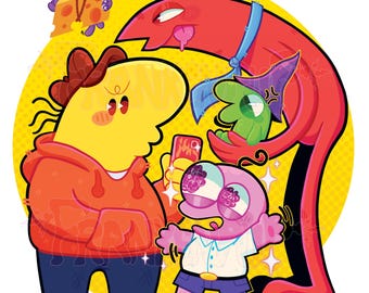 Könnte beinhalten: Cartoon-Illustration mit mehreren bunten Figuren auf gelbem Hintergrund. Eine gelbe Figur in einem orangefarbenen Kapuzenpullover macht ein Foto mit einem Telefon. Eine rote Figur ragt über einer grünen Figur auf. Eine rosa Figur befindet sich im Vordergrund.