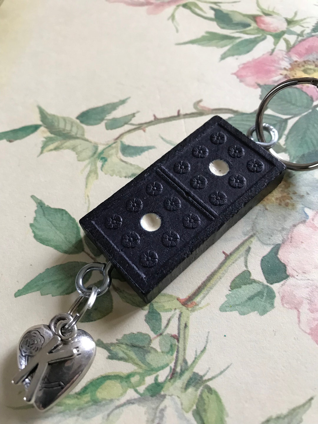 Vintage Domino Key Ring With K and Heart Charms - Etsy
