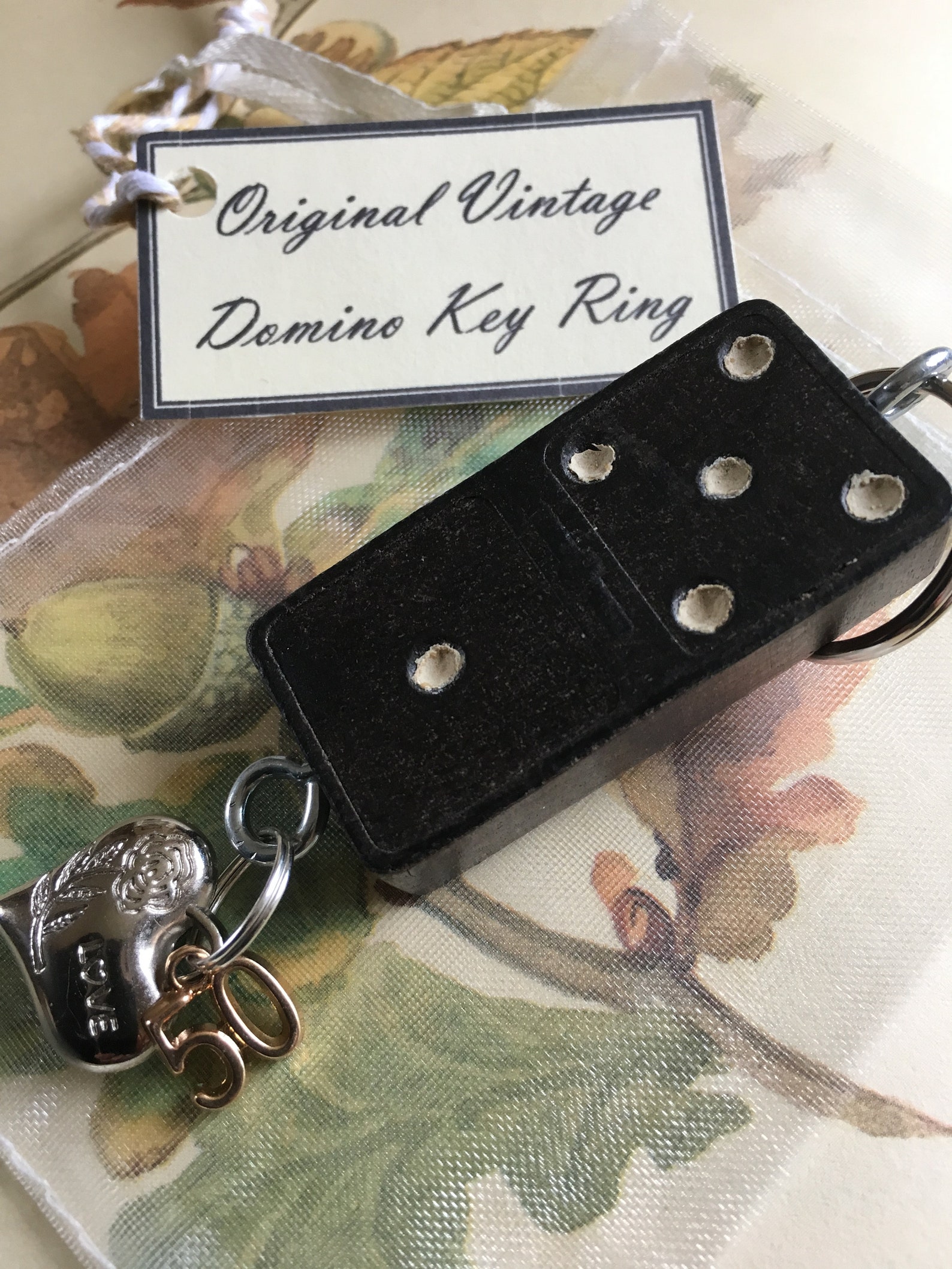 Vintage Domino Key Ring With Heart and Gold 50 Charm - Etsy