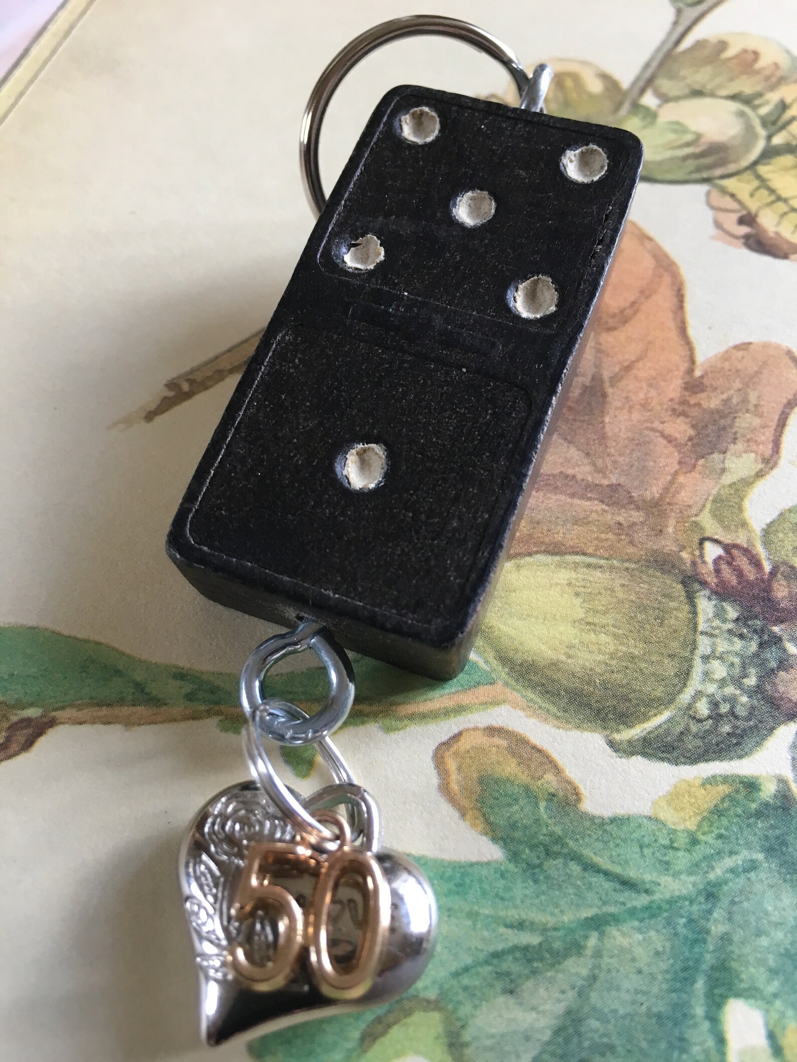 Vintage Domino Key Ring With Heart and Gold 50 Charm - Etsy
