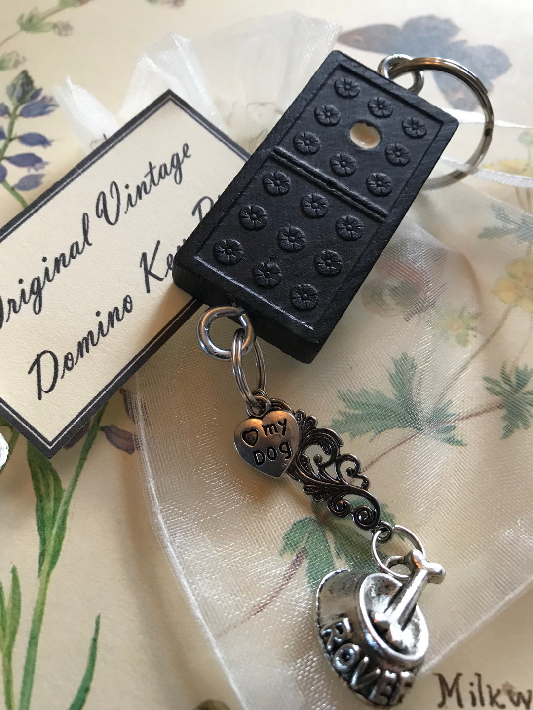 Vintage Domino Key Ring With Dog Bowl, Love My Dog and Connector Charms ...