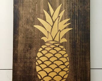 Gold Painted Pineapple Wood Sign