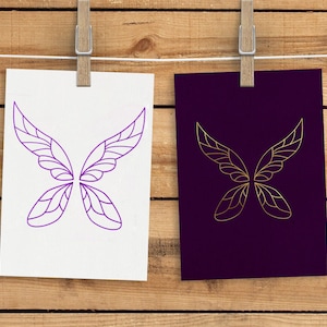 May include: Two images of a butterfly wing design. The left image shows the design in purple on a white background. The right image shows the design in gold on a dark purple background.