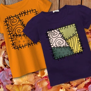 May include: Two t-shirts with a patchwork design. One shirt is orange with a black design and the other is purple with a multi-colored design.