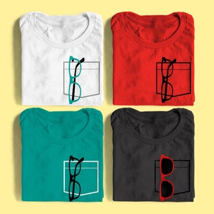 May include: Four folded t-shirts with a pocket on the front. The shirts are white, red, teal, and black. Each shirt has a different color pair of glasses in the pocket.