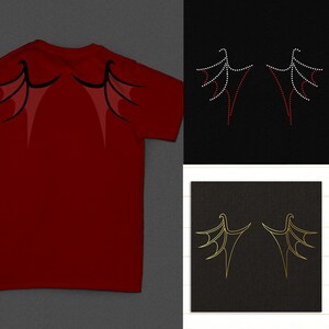 May include: A red t-shirt with a dark red and black wing design on the back. The image also shows two separate wing designs: one with white and red dots on a black background, and another with gold outlines on a black background.