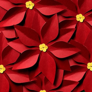 Puede incluir: Primer plano de flores de poinsettia de papel rojo con centros amarillos. Las flores están dispuestas en un racimo, creando una exhibición festiva y decorativa.