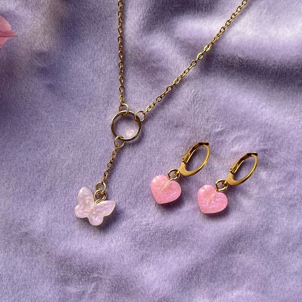 butterfly necklace/heart earrings bundle - lot collier papillon/boucles d'oreilles coeur - st valentin