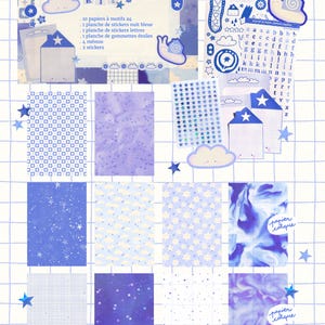 Peut inclure: Un kit de journalisation bleu comprenant divers papiers à motifs, des planches d'autocollants avec des lettres et des étoiles, des blocs-notes et des illustrations d'escargots. Le kit contient dix papiers A4, des autocollants et des mémos.