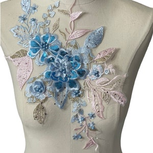 Blue flowers multi color Lace embroidered appliqué with beads and rhinestones #146-917
