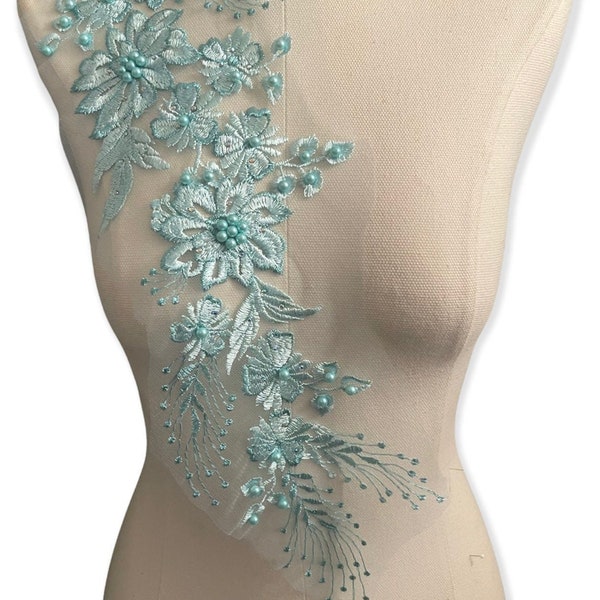 Mint Green Floral Appliques with Rhinestones and Pearls