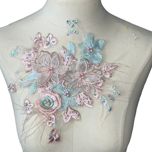 Ostrich Feather Pink 3D Flower Appliques with beads 750-800