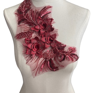 Wine Red Beaded 3D flower applique with sequin 146-917