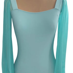 Turquoise Colored Leo with long mesh sleeves ruched at the wrist