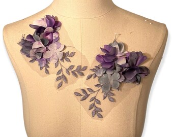 Pair of Purple and Gray appliques with 3D flowers