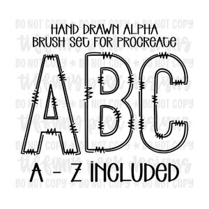 Könnte beinhalten: Ein digitales Pinselset für Procreate mit handgezeichneten Buchstaben A, B und C im schwarzen Umrissstil mit kleinen Kreuzschraffuren entlang der Striche. Der Text lautet HAND DRAWN ALPHA BRUSH SET FOR PROCREATE und A - Z INCLUDED.