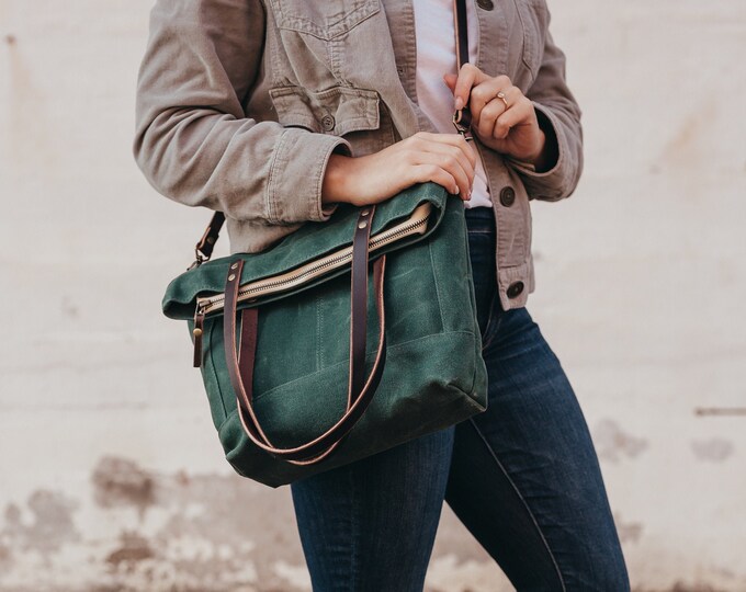 Green Waxed Canvas Foldover Crossbody Bag Forest Green Cross Etsy