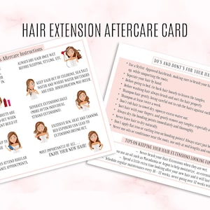 Postal con instrucciones para el cuidado posterior de las extensiones de cabello, cuidados posteriores de las extensiones de cabello, tarjeta con las emociones de las extensiones de cabello, consejos para las extensiones de cabello, cuidado del cabello