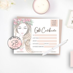 May include: Printable gift certificate template with a pink and white floral design. The template includes fields for the recipient's name, the amount of the gift certificate, the date issued, and the authorized signature. The text "hello gorgeous" is visible in the background.