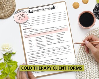 May include: A white form with the title "Cold Therapy Client Information" and a section for health and medical information. The form includes a checklist of health conditions and a section for nutrition and diet.