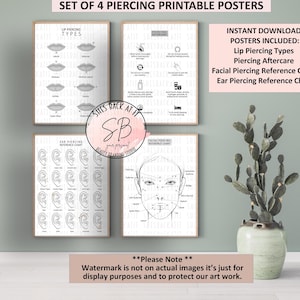 4er Set Piercing Kunst Poster, Ohr Piercing Referenztabelle, Piercing Nachsorge, Lippen Piercing Typen Druck, Gesichts Piercing Referenztabelle