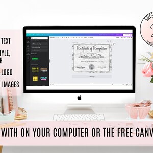 Puede incluir: Una pantalla de ordenador que muestra una plantilla de certificado de finalizaci&oacute;n en Canva. La plantilla tiene un fondo de m&aacute;rmol con un dise&ntilde;o floral gris y blanco. El texto del certificado dice "Certificado de Finalizaci&oacute;n" y "Nombre del Estudiante Aqu&iacute;". El texto "She's Back At It SB Beauty Branding Studio" es visible en un c&iacute;rculo rosa con fondo blanco.