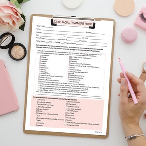 May include: A white form titled "Electric Facial Treatment Form" with a checklist of contraindications that restrict treatment. The form includes sections for personal information, medical history, and contraindications.