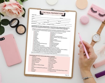 May include: A white form titled "Electric Facial Treatment Form" with a checklist of contraindications that restrict treatment. The form includes sections for personal information, medical history, and contraindications.