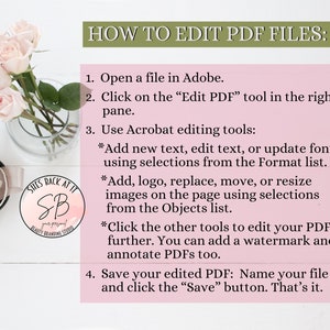 以下が含まれることがあります： ピンクの背景に、Adobe Acrobat を使用して PDF ファイルを編集する方法が書かれた白いテキストボックスがあります。テキストには、新しいテキストの追加、テキストの編集、フォントの更新、ロゴの追加、画像の置換、移動、サイズ変更、透かしの追加など、手順が記載されています。テキストには、「編集した PDF を保存する」というフレーズも含まれています。