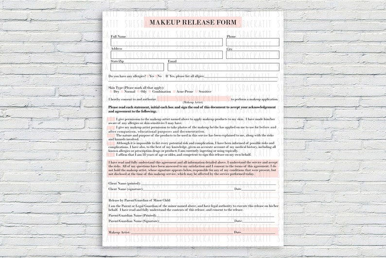 Makeup Release Form Makeup Artist Consent Form Makeup Form Etsy Canada