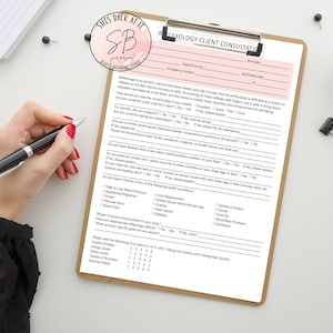 May include: A pink and white client consultation form for a reflexology business. The form asks questions about medical history, lifestyle, and overall health. The form is on a clipboard with a pen.