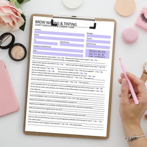 Formulieren voor het waxen en verven van wenkbrauwen, consultatie- en toestemmingsformulier voor wenkbrauwen, wenkbrauwen wax en tint, toestemmingsformulier voor schoonheidsspecialiste, klantinformatieformulier, wenkbrauw