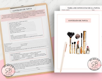 May include: A printable contract template for a bride-to-be, with a checklist of services and a table for consultations. The document features a pink and white color scheme with a logo that says "She's Back At It" and a stylized illustration of makeup brushes and cosmetics.