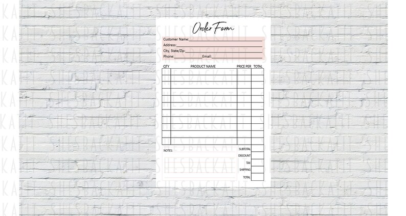 May include: A printable order form with fields for customer information, product details, quantity, price per item, total price, subtotal, discount, tax, shipping, and total. The form has a pink and white color scheme.