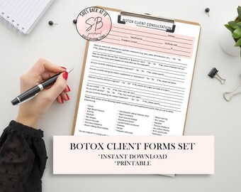 May include: A printable Botox client consultation form set with a pink and white color scheme. The form includes questions about medical history, allergies, and current medications. The text "BOTOX CLIENT FORMS SET" is displayed in a large font at the bottom of the form.
