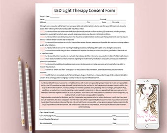LED Light Therapy Form, Light Therapy Forms, Esthetician Consent Forms, Client Information Form, Client Intake, Skin Care Consultation Forms