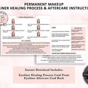 Tarjeta con proceso de curación del delineador permanente, postal con instrucciones para el cuidado posterior, cuidados posteriores del delineador de ojos, cuidados posteriores del delineador de ojos, postal de curación del delineador de ojos.PMU