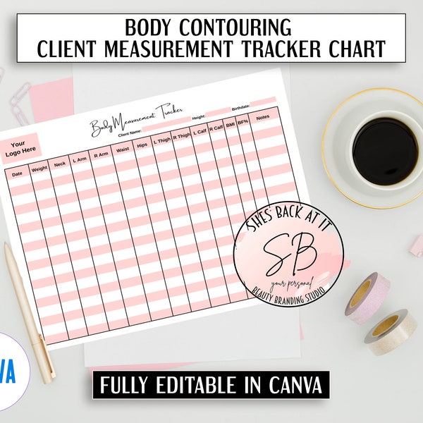 Body Measurement Tracker Form, Body Contouring Measurement Tracker, Printable Body Measurement Tracker, Esthetician Forms, Editable Template