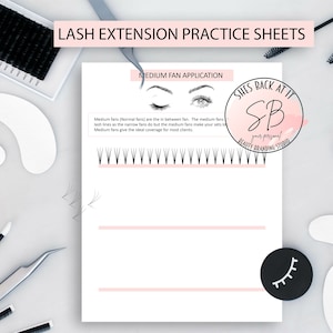 Fiches pratiques d'extension de cils, guide de formation sur la pose en éventail de cils, formulaires commerciaux pour esthéticiennes
