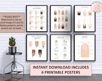 May include: Six framed printable posters with nail art diagrams. The posters cover topics like nail shapes, nail length, nail polish application, and nail anatomy. The text "INSTANT DOWNLOAD INCLUDES 6 PRINTABLE POSTERS" is at the bottom.