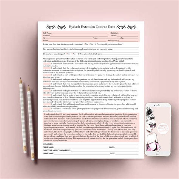 Eyelash Extension Client Consent Form, Eyelash Extension Form, Client Release Form, Client Lash Form, Client Waiver Form, Lash Extensions