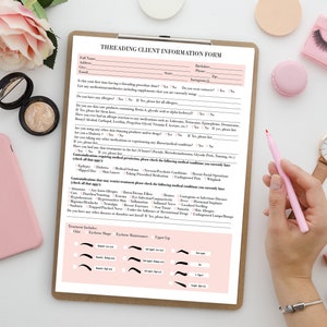 May include: A pink and white client information form for threading services. The form includes questions about medical history, allergies, and desired eyebrow treatments. The form also includes a section for the client to check off any medical conditions they may have.