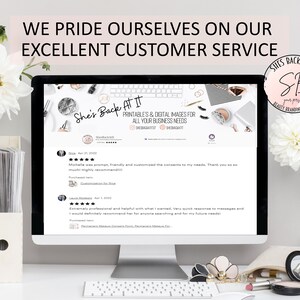 May include: A computer screen displaying positive customer reviews for a business called "She's Back At It". The reviews highlight the business's prompt, friendly, and customized service. The screen is on a white desk with a white vase of white flowers, a pink vase with a white flower, and a makeup bag with a mirror.
