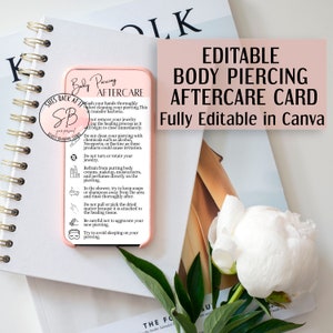 Body Piercing Aftercare Card, Body Piercing Care Card, Piercing After Care Card, Body Piercing Aftercare Template, Editable Care Card